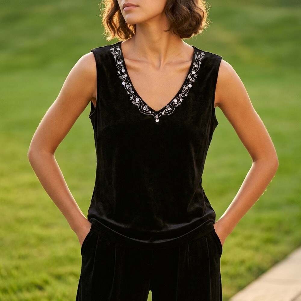 Vikki Vi Woman Black Sleeveless V-Neck Top with Embroidered Floral Neckline #760